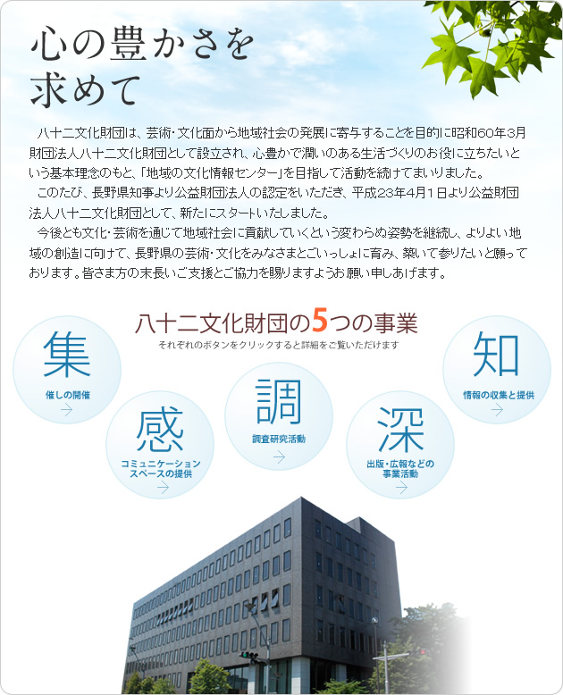 財団法人八十二文化財団は、芸術・文化面から
			地域社会の発展に寄与することを目的に、昭和60年3月に設立されました。
			心豊かで潤いのある生活づくりのお役に立ちたいという基本理念のもと
			「地域の文化情報センター」を目指して、活動を続けております。
			より良い地域の創造に向けて、長野県の芸術・文化を、皆さまとごいっしょに育み、
			 築いていきたいと願っております。